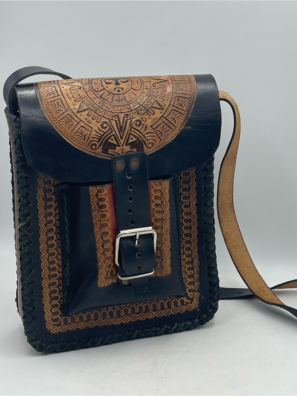 Handmade Genuine Tooled Leather Crossbody Messenger Bag w/Mexican Aztec Calendar